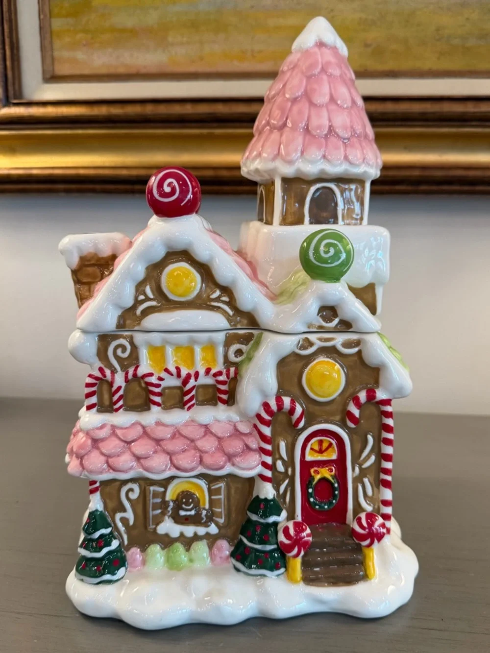 Retired Blue Sky Clayworks Christmas Gingerbread Ceramic House Cookie Jar 12